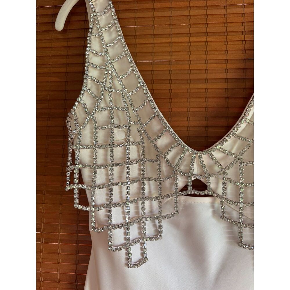 Self-Portrait Diamanté Bralette Maxi Dress in Cream Ivory Satin Rhinestone US 2 - Picture 6 of 10